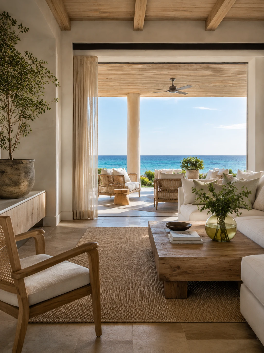 A light-filled coastal living room opening onto a terrace and blue Gulf water; a turnkey design concept.