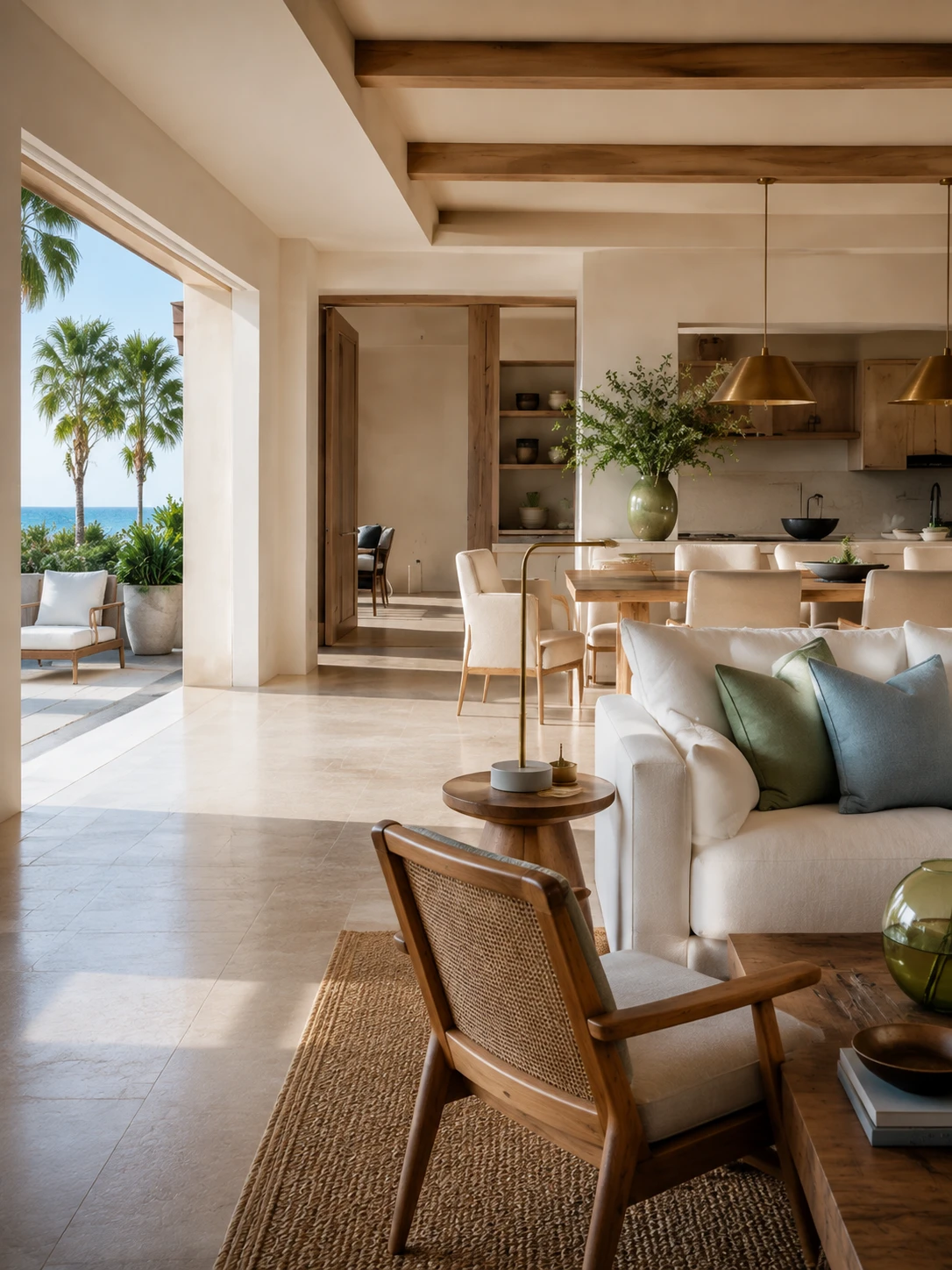 A coordinated living, dining, and kitchen interior with oak beams, linen seating, and Gulf views; a turnkey design concept.